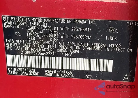 2016 Toyota Rav4 Le z USA, uszkodzony, nr VIN 2T3BFREV0GW422341